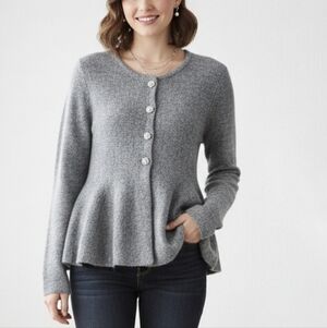 Maeve Anthropologie Peplum Floral Button Gray Button-Up Cardigan